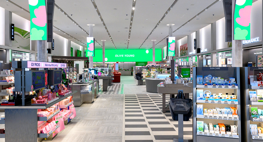 Interior front view of Olive Young's K-beauty store in Pasadena, CA.